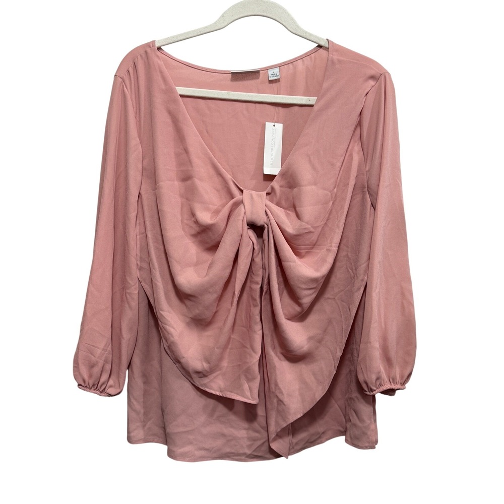 New York & Company Sweet Pea Pink Front Tie V-Neck Blouse Large NWT feminine